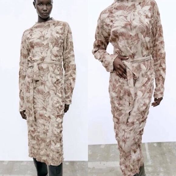 NWT Zara Jacquard Midi Tie Waist Crinkle Detail Dress in Brown Sz Med. - Picture 1 of 9